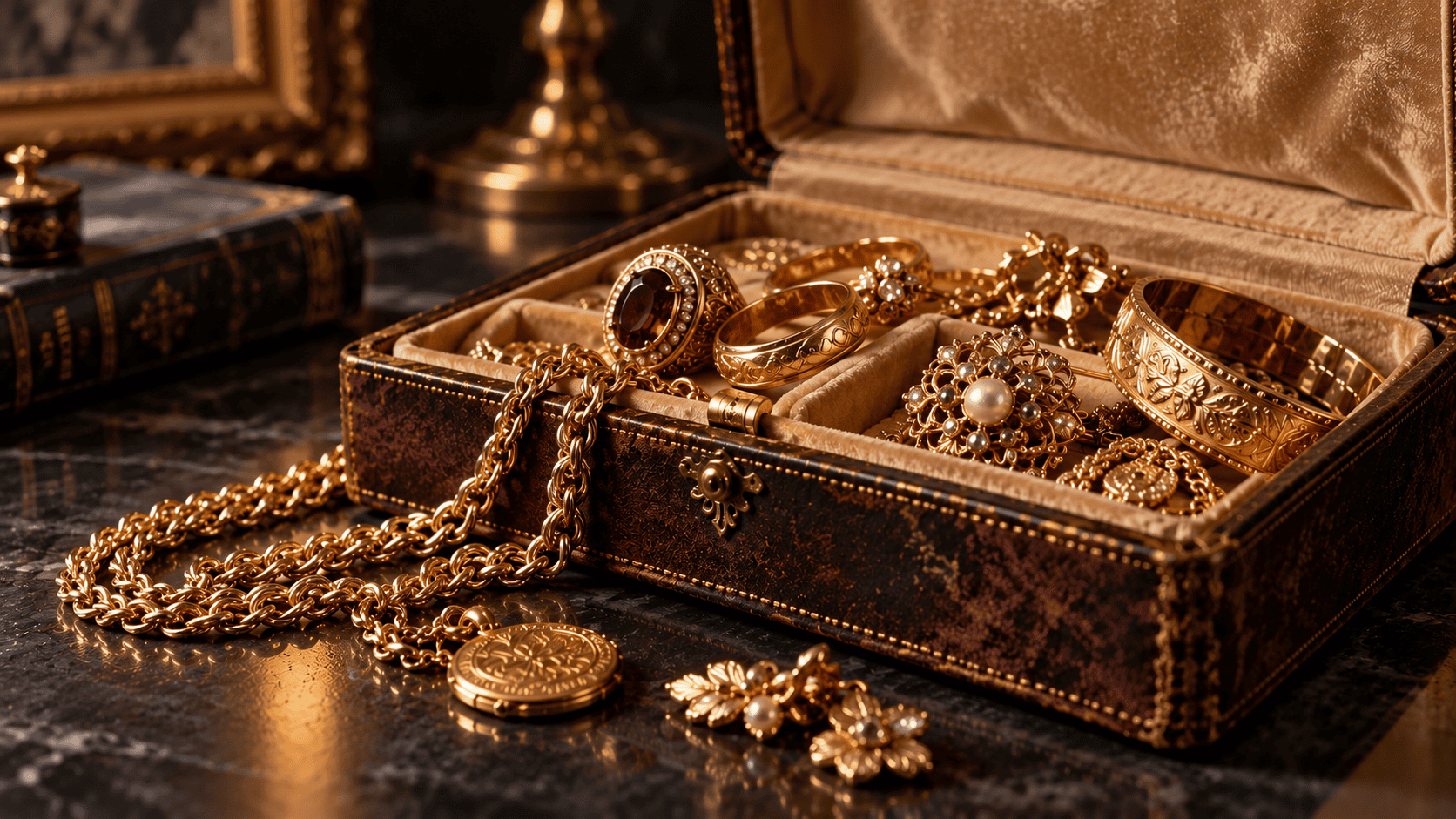 Geerbten Goldschmuck verkaufen – Schmuck aus einem Nachlass Antike Goldringe, Goldketten und Broschen aus einem Nachlass, arrangiert in einer geöffneten Schmuckschatulle auf dunklem Untergrund.