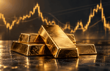 Goldbarren vor einem stilisierten Kurschart mit deutlichen Schwankungen des Goldpreises.
