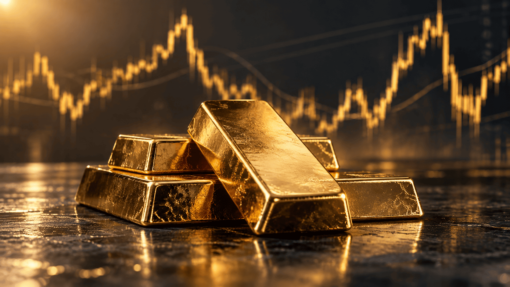 goldpreis-2026-rueckblick-marktentwicklung Goldbarren vor einem stilisierten Kurschart mit deutlichen Schwankungen des Goldpreises.